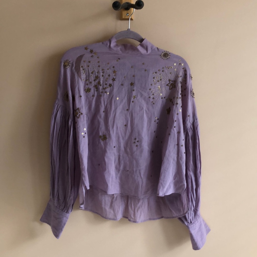 Free People whimsical Purple Blouse Stars and Moon beading